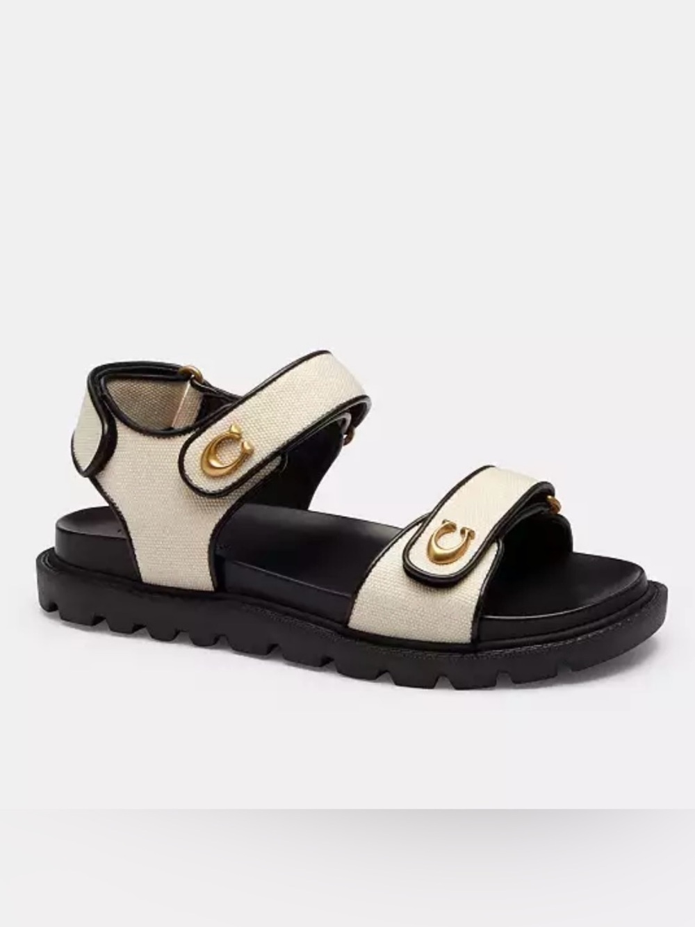 Coach Canvas Strap Sandal with Gold Hardware - Ivory/Black